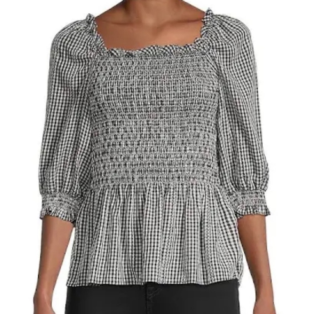 Max Studio Black/White romantic gingham milkmaid smocked off-shoulder top S